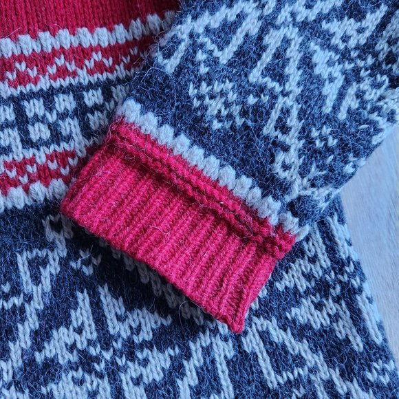 Vintage Eddie Bauer Wool Alpaca Fair Isle Nordic Cardigan Button Red Blue - Picture 6 of 8